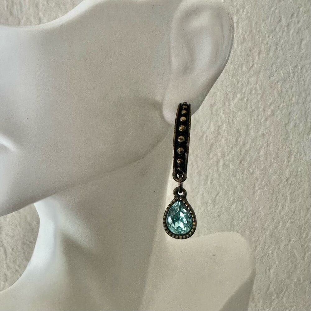 Vintage Avon Style Bronze Hoop Earrings w/ Aqua Crystal Drop